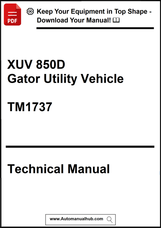 Technical manual cover for XUV 850D Gator Utility Vehicle with text and logo on a white background