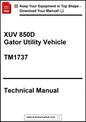 Technical manual cover for XUV 850D Gator Utility Vehicle with text and logo on a white background