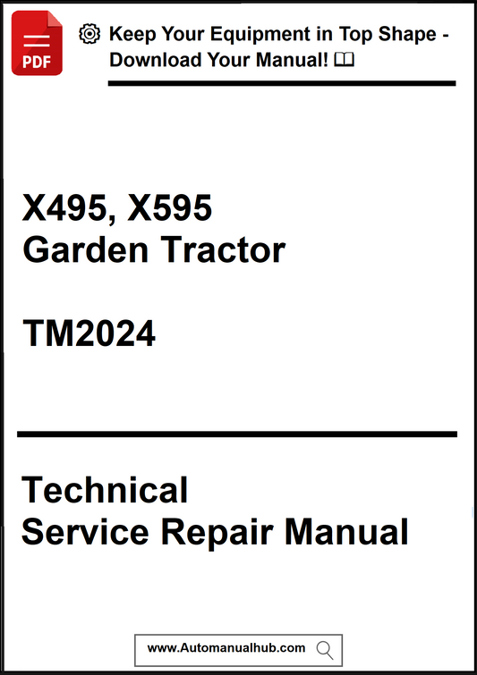 Technical service repair manual for X495 and X595 garden tractors with a download offer.