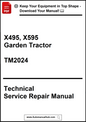 Technical service repair manual for X495 and X595 garden tractors with a download offer.