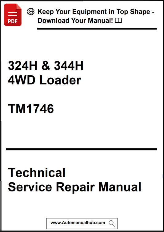 Technical Service Repair Manual for 324H & 344H 4WD Loader with promotional text at the top.