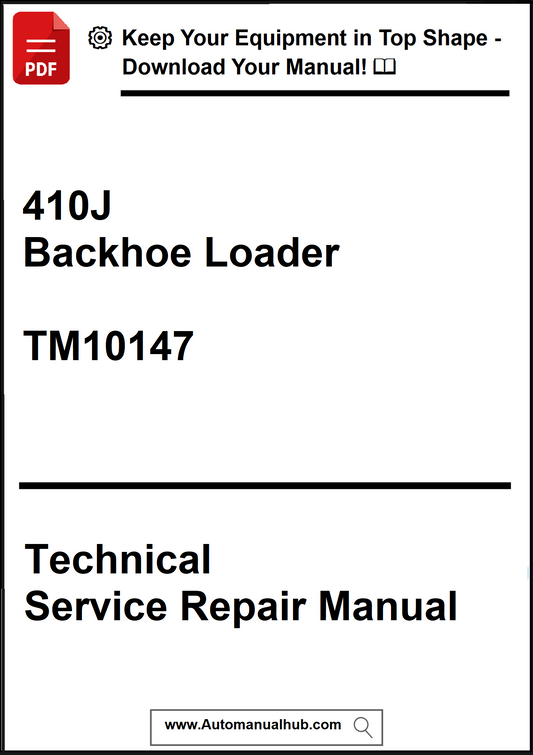 Technical service repair manual for 410J Backhoe Loader TM10147 on a white background