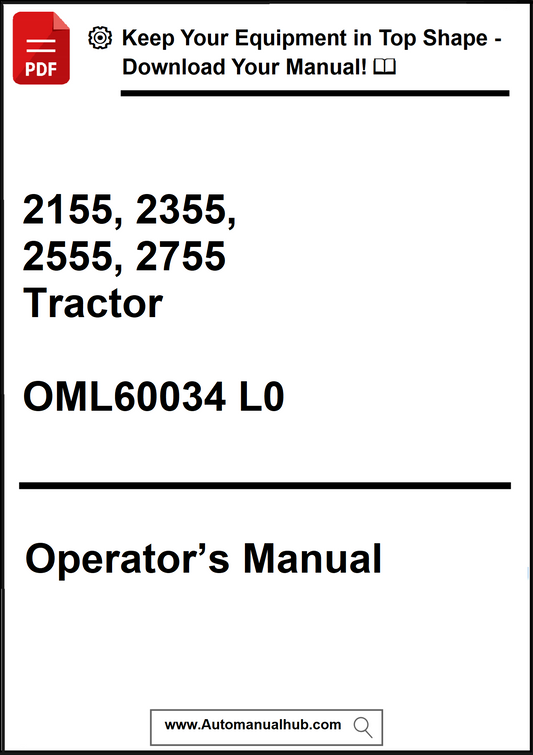 Operator's manual for 2155, 2355, 2555, 2755 tractor models on a white background.