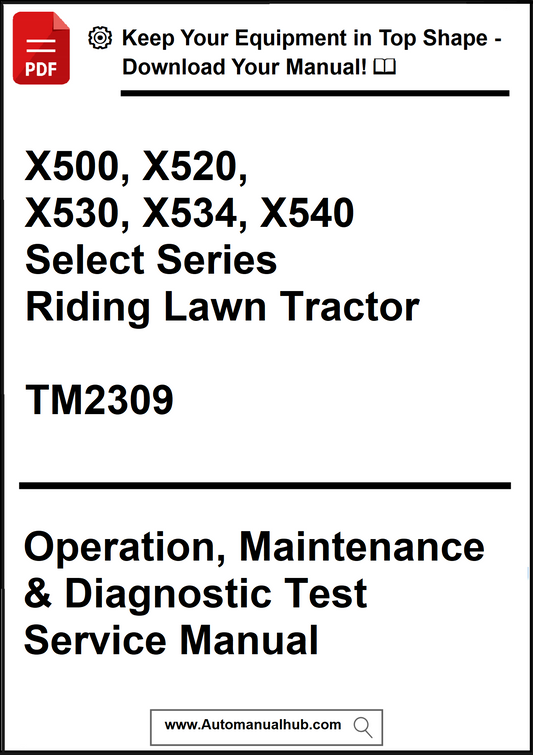 Manual cover for X500-X540 riding lawn tractor with text about operation, maintenance, and diagnostic test service.