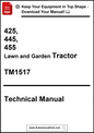 Technical manual cover for 425, 445, 455 Lawn and Garden Tractor TM1517 on a white background.