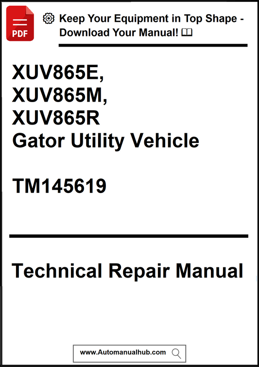 Technical repair manual for Gator Utility Vehicle XUV865E, XUV865M, XUV865R with download link.