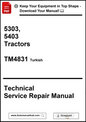 Technical Service Repair Manual for 5303 and 5403 Tractors, TM4831 Turkish, with download prompt.