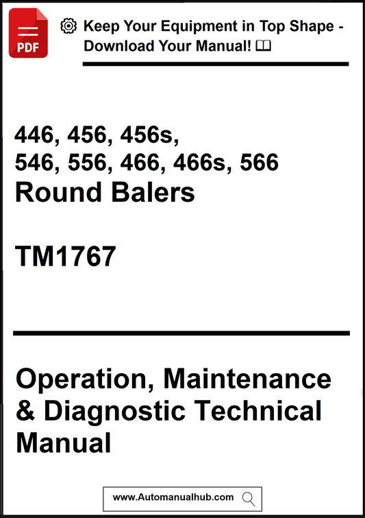 Technical manual cover for round balers with text and a download button.