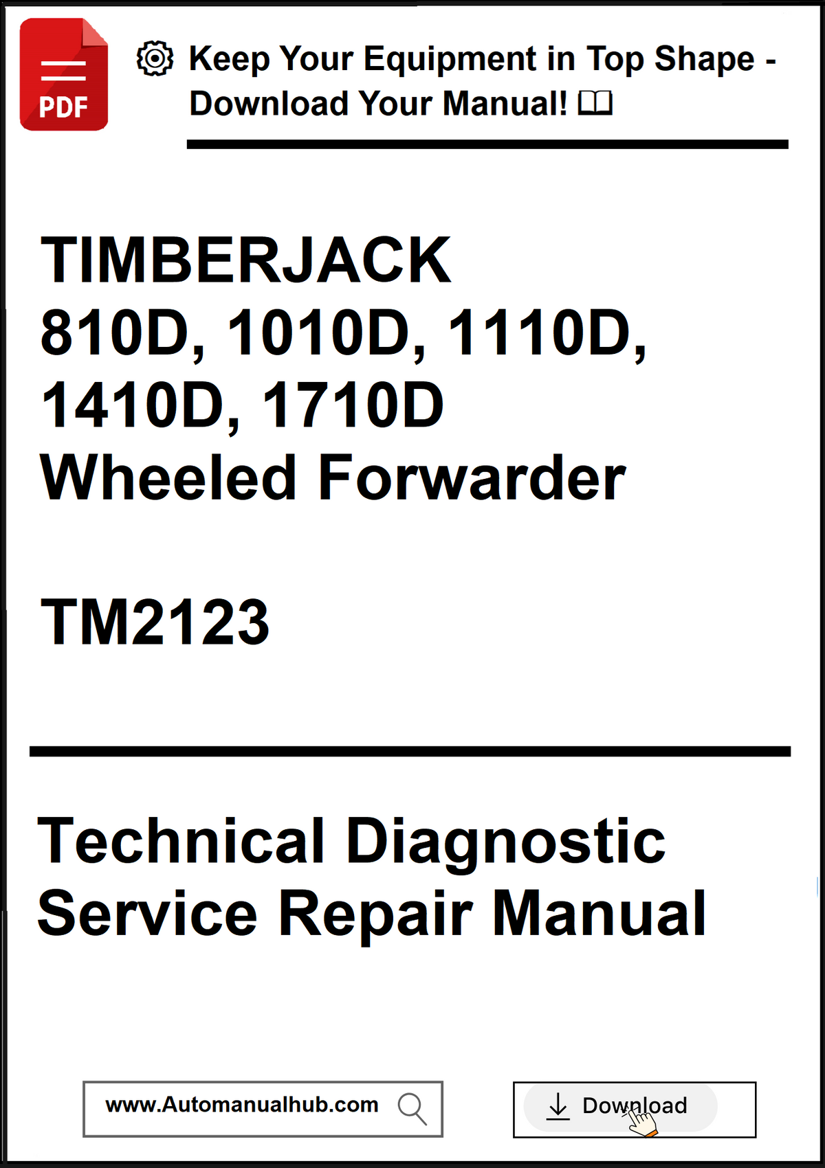 Cover of a technical diagnostic service repair manual for Timberjack wheeled forwarders with a download prompt.