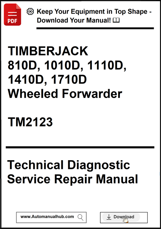 Cover of a technical diagnostic service repair manual for Timberjack wheeled forwarders with a download prompt.