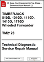 Cover of a technical diagnostic service repair manual for Timberjack wheeled forwarders with a download prompt.