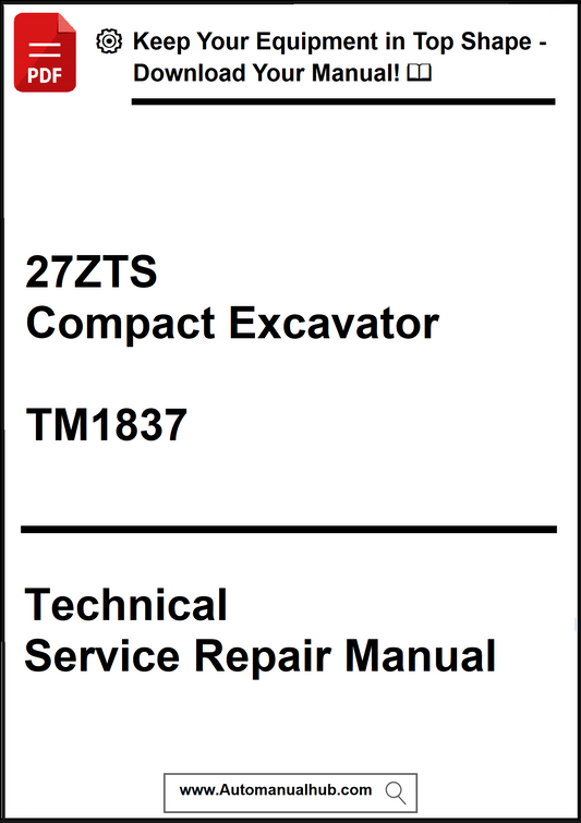 Technical Service Repair Manual for 27ZTS Compact Excavator with branding and website URL.