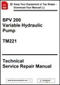 Technical service repair manual for BPV 200 Variable Hydraulic Pump with download prompt.