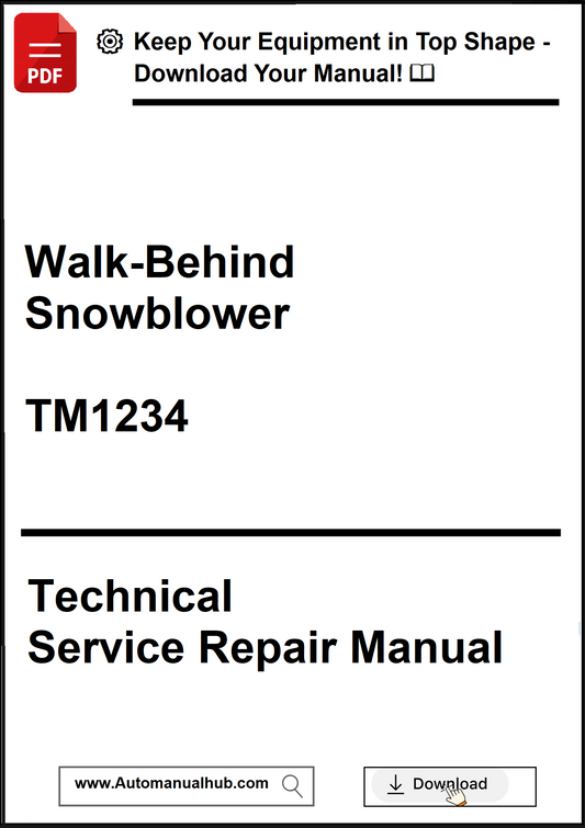 Technical service repair manual for a walk-behind snowblower with contact information for downloading the manual.