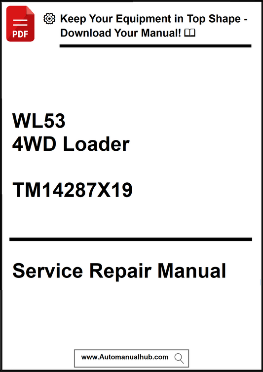 Service repair manual for WL53 4WD Loader with contact information on a white background
