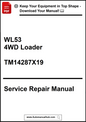 Service repair manual for WL53 4WD Loader with contact information on a white background