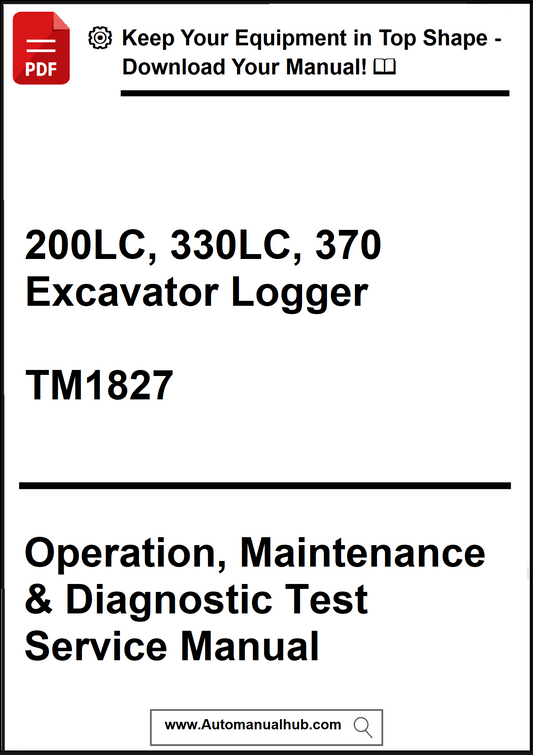 Manual cover for 200LC, 330LC, 370 Excavator Logger with text about operation, maintenance, and diagnostic test service manual.
