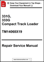 Repair service manual for 331G and 333G compact track loaders with a download offer.