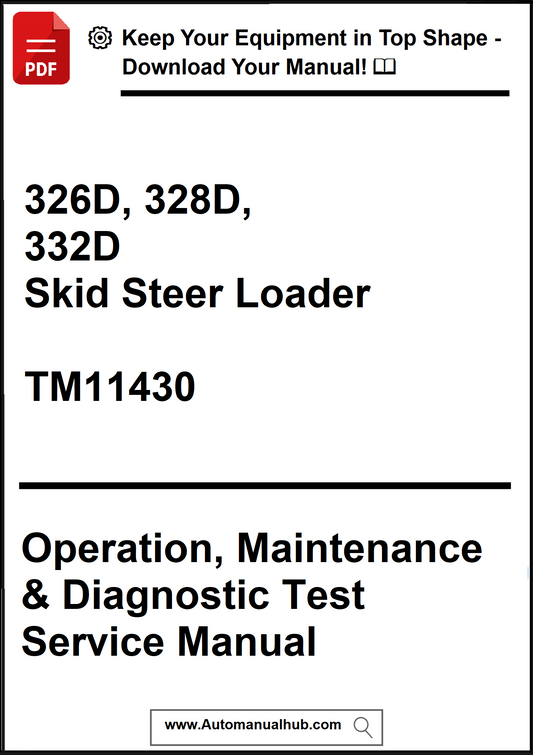 Manual cover for 326D, 328D, 332D Skid Steer Loader with text and website URL.