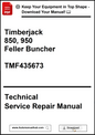 Technical Service Repair Manual for Timberjack 850, 950 Feller Buncher model TMF435673 on a white background.