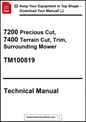 Technical manual cover for 7200 Precious Cut, 7400 Terrain Cut, Trim, Surrounding Mower with model number TM100819.