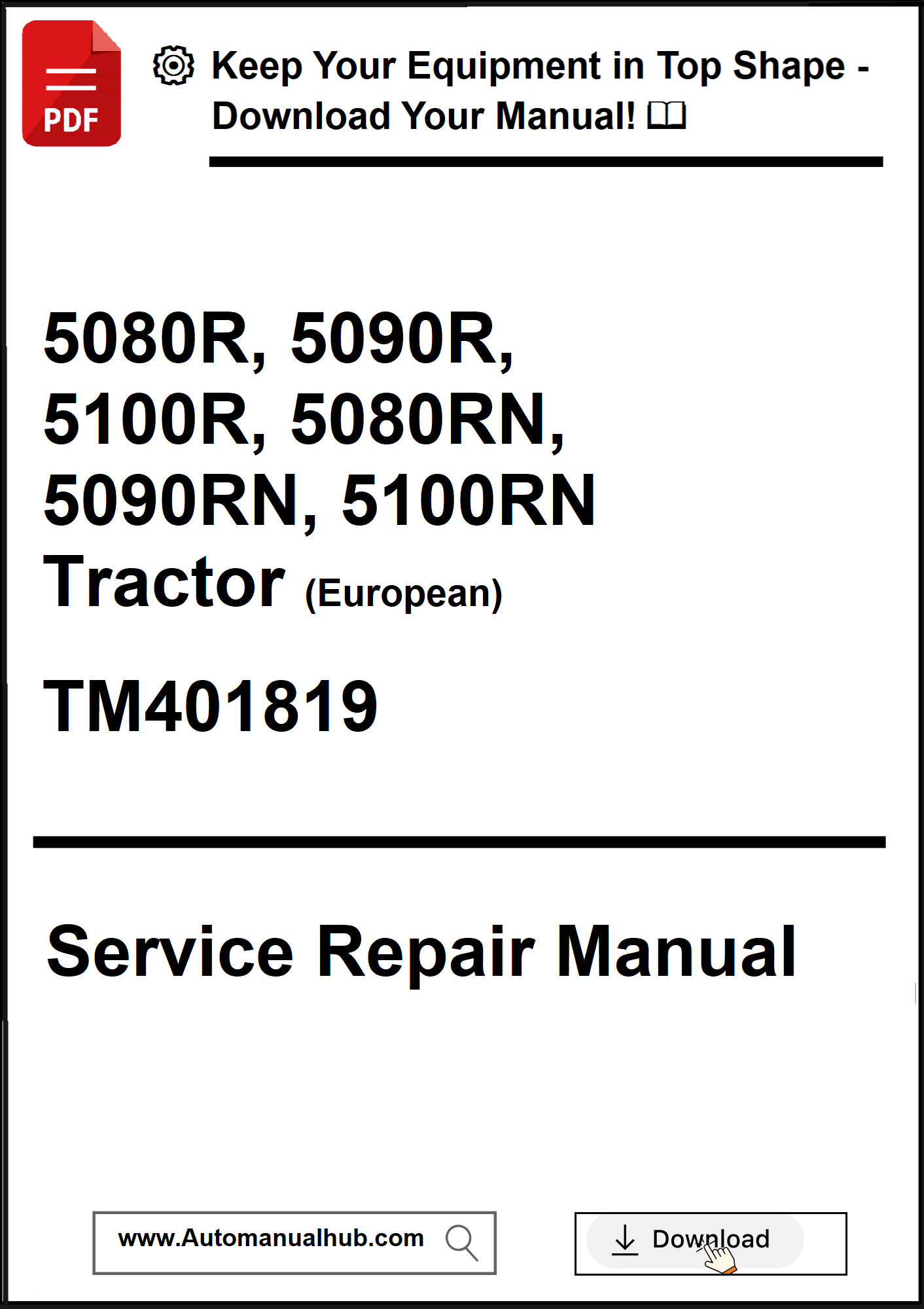 Service repair manual cover for various tractor models with download options.
