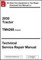 Technical Service Repair Manual for a 2030 Tractor, specifically TM4268 French version, with download prompt.