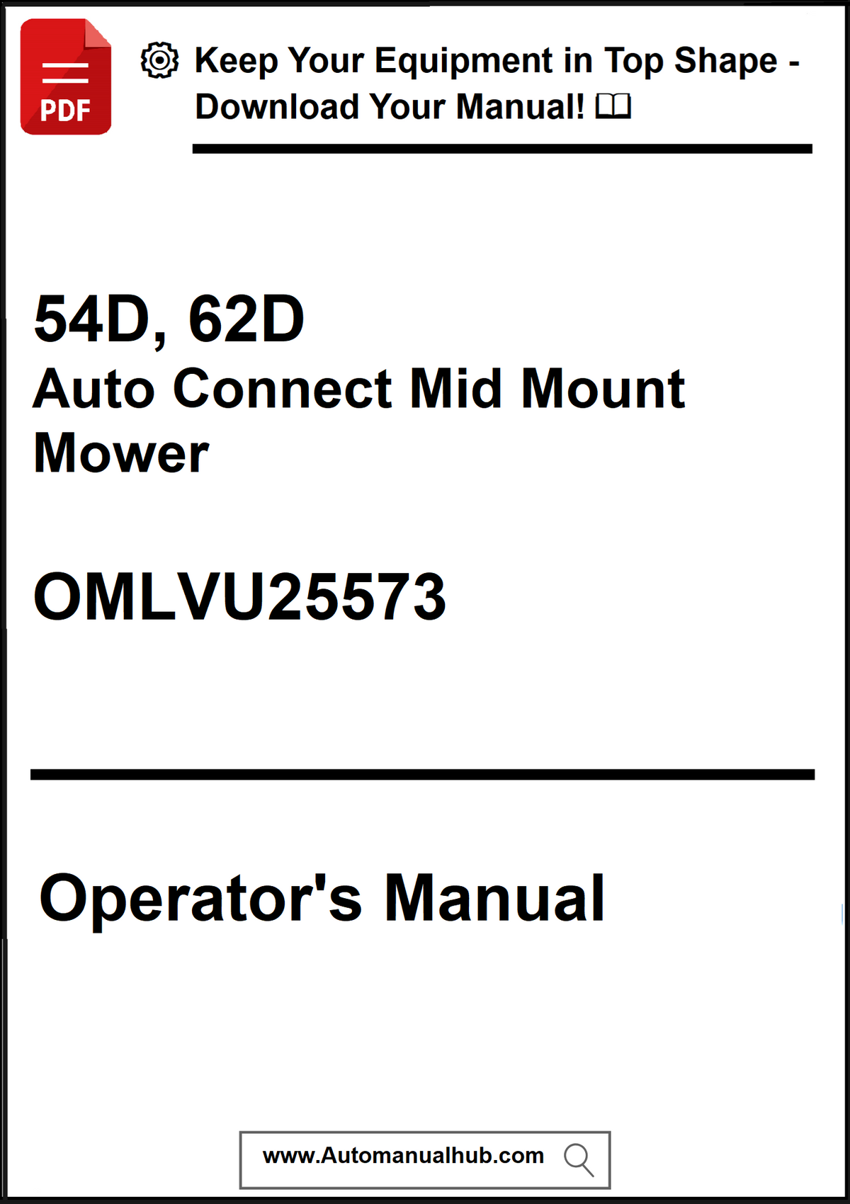 Operator's manual for 54D, 62D Auto Connect Mid Mount Mower with a download prompt.
