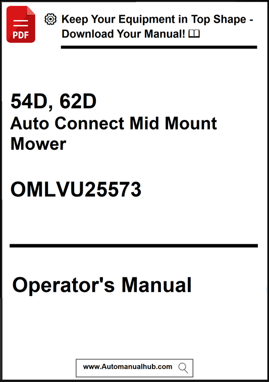 Operator's manual for 54D, 62D Auto Connect Mid Mount Mower with a download prompt.