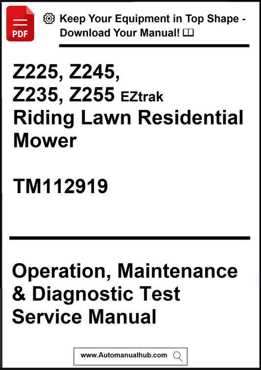 Manual cover for Z225, Z245, Z235, Z255 EZtrak Riding Lawn Residential Mower with contact information.