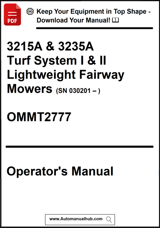 Operator's manual for 3215A & 3235A turf system mowers with contact information.