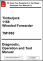 Cover of Timberjack 1158 Wheeled Forwarder diagnostic, operation, and test manual with download prompt.