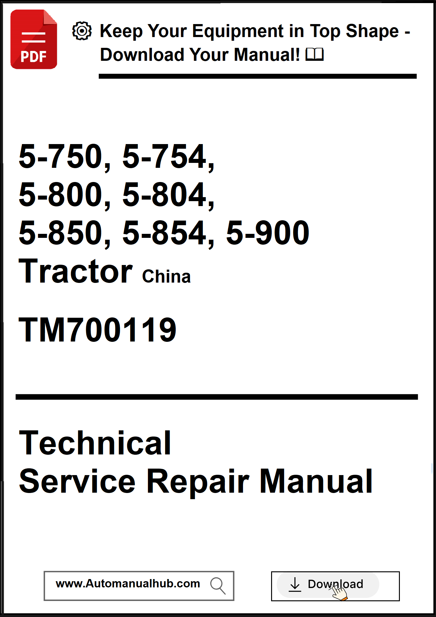 Technical service repair manual for tractors with model numbers and a download prompt.