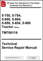 Technical service repair manual for tractors with model numbers and a download prompt.