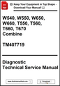 Diagnostic technical service manual for agricultural equipment models W540 to T670, with a download prompt.