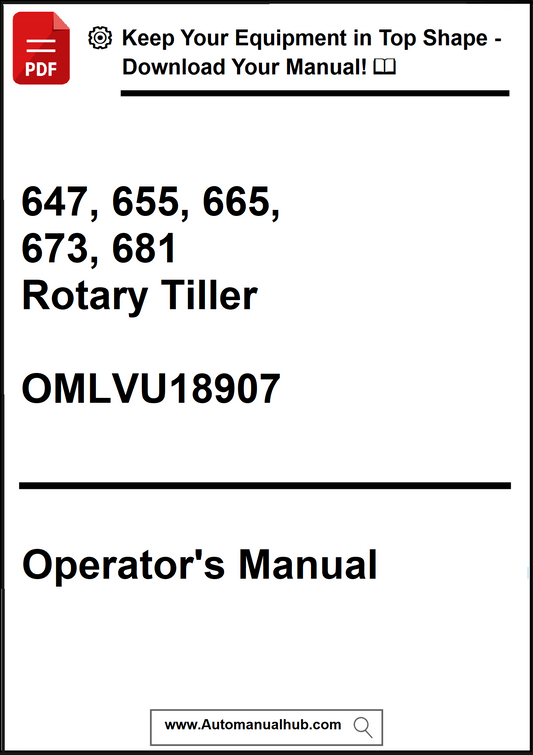 Operator's manual for rotary tiller models 647, 655, 665, 673, 681 with a download link.