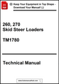 Technical manual cover for 260, 270 Skid Steer Loaders with model number TM1780 on a white background.