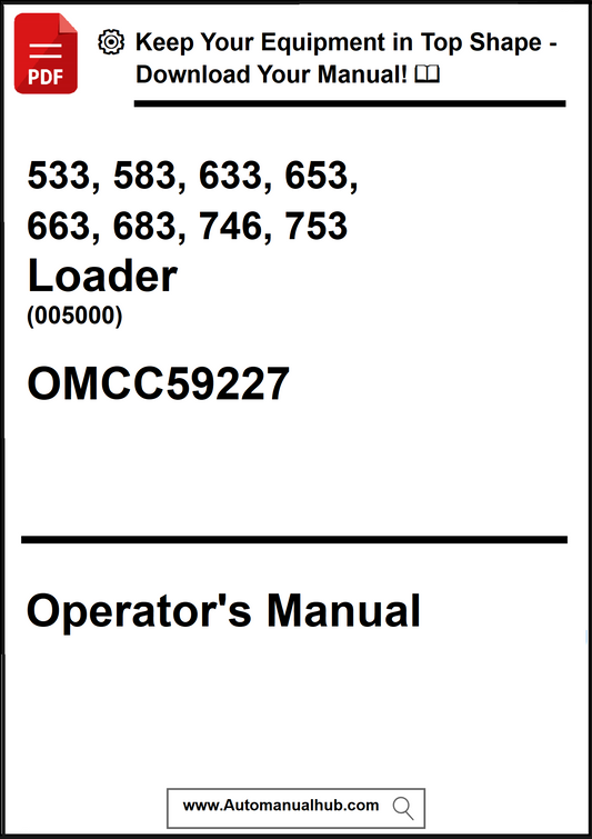 Operator's manual for a loader with contact information and website URL.