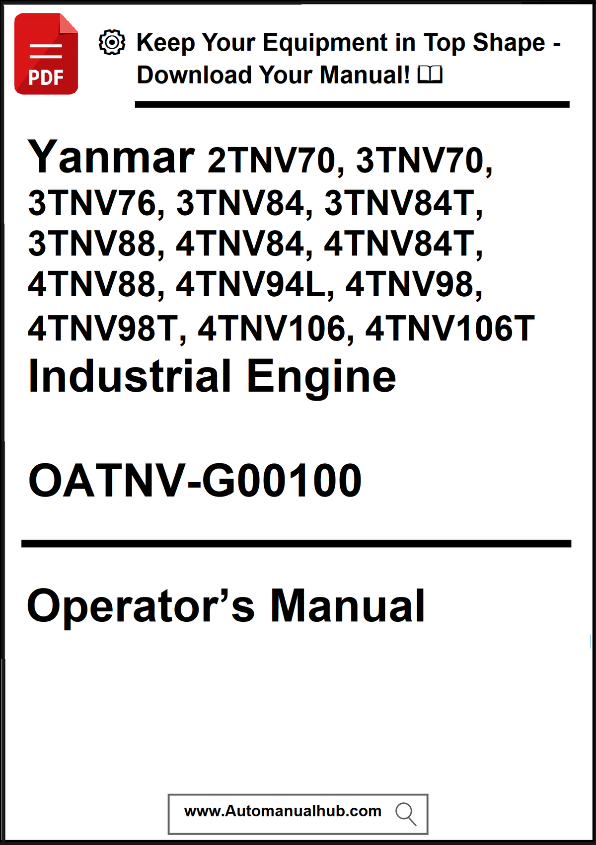 Yanmar industrial engine operator's manual download advertisement with text and a red PDF icon.