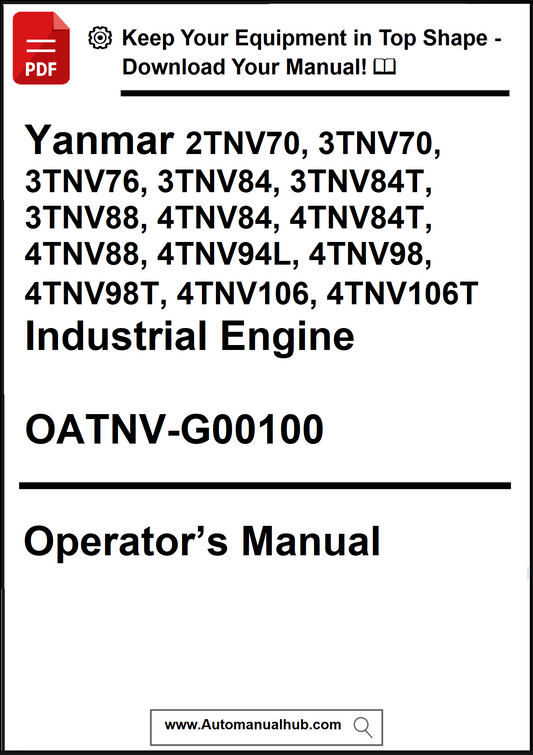 Yanmar industrial engine operator's manual download advertisement with text and a red PDF icon.