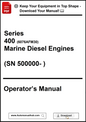 Operator's manual for Series 400 Marine Diesel Engines with contact information at the bottom.