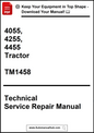Technical Service Repair Manual for 4055, 4255, 4455 Tractor with model number TM1458 on a white background.