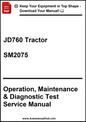 Manual cover for JD760 Tractor SM2075 Operation, Maintenance & Diagnostic Test Service Manual on a white background.