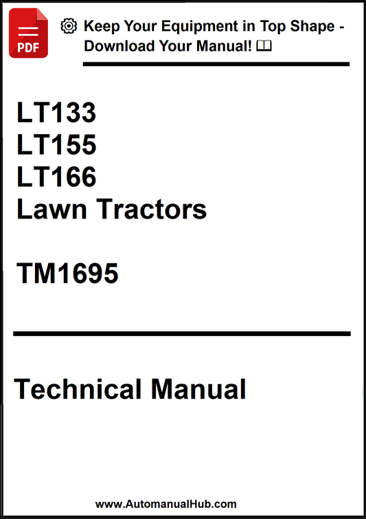Technical manual cover for lawn tractors with model numbers LT133, LT155, LT166, and TM1695.