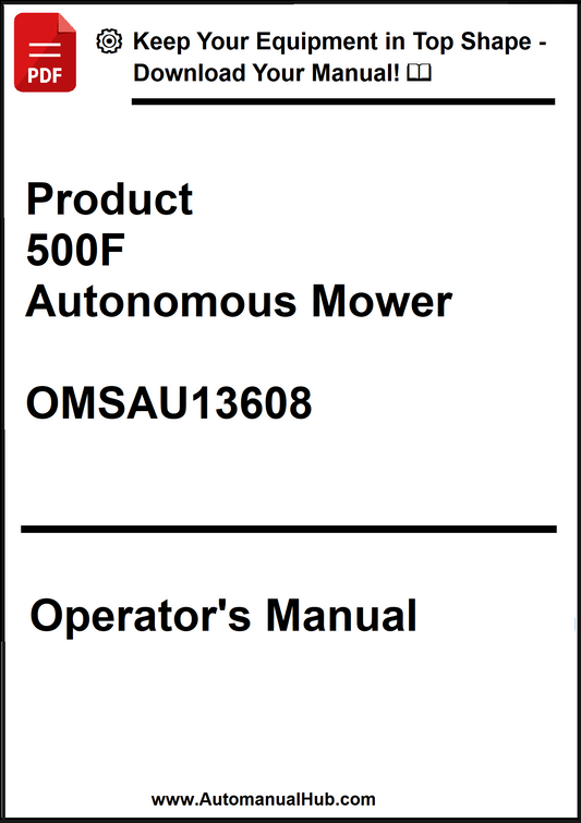 Operator's manual for a Product 500F Autonomous Mower with contact information at the bottom.