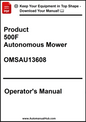 Operator's manual for a Product 500F Autonomous Mower with contact information at the bottom.