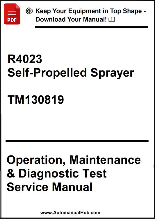 Manual cover for R4023 Self-Propelled Sprayer with text on operation, maintenance, and diagnostic test service.