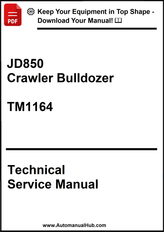Technical service manual for JD850 Crawler Bulldozer with a download offer on a white background.