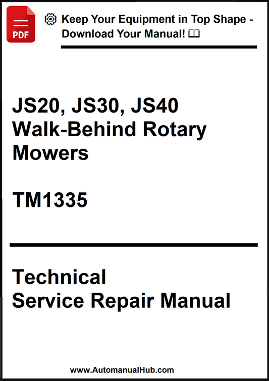 Technical service repair manual for JS20, JS30, JS40 walk-behind rotary mowers with a download offer.