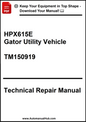 Technical repair manual for HPX615E Gator Utility Vehicle with a download offer on a white background.